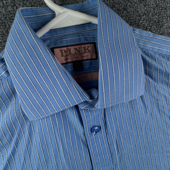 Thomas Pink Long Sleeve Button Up Shirt Men Cotton Striped Blue 15.5 Slim Fit - Picture 6 of 13